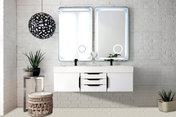 Mercer Island 59 Double Vanity, Glossy White, Matte Black w/ Glossy White Composite Stone Top