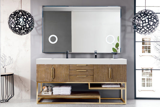 Columbia 72" Double Vanity, Latte Oak, Radiant Gold w/ Glossy White Composite Stone Top