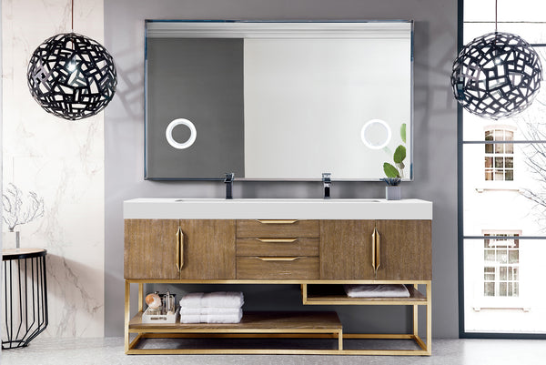 Columbia 72 Double Vanity, Latte Oak, Radiant Gold w/ Glossy White Composite Stone Top