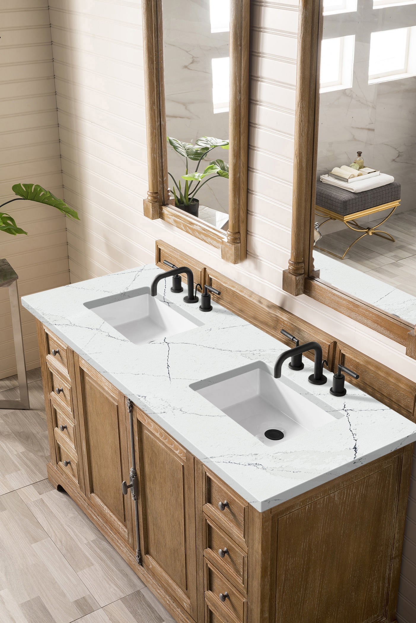 Providence 60" Double Vanity, Driftwood w/ 3 CM Ethereal Noctis Quartz Top