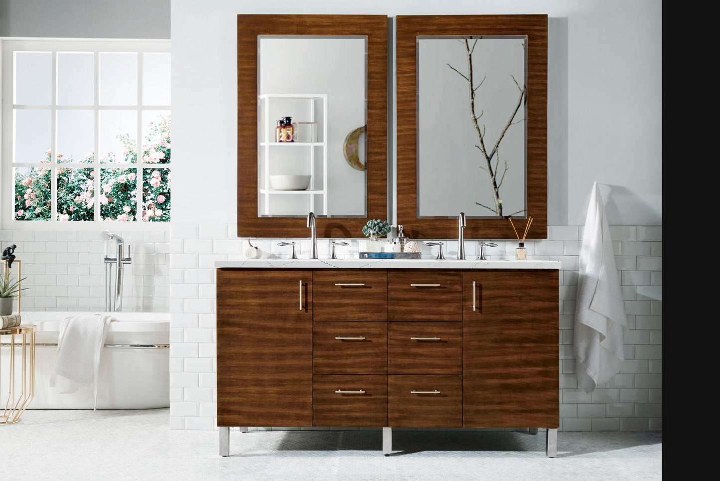 Metropolitan 60" Double Vanity, American Walnut w/ 3 CM Ethereal Noctis Quartz Top