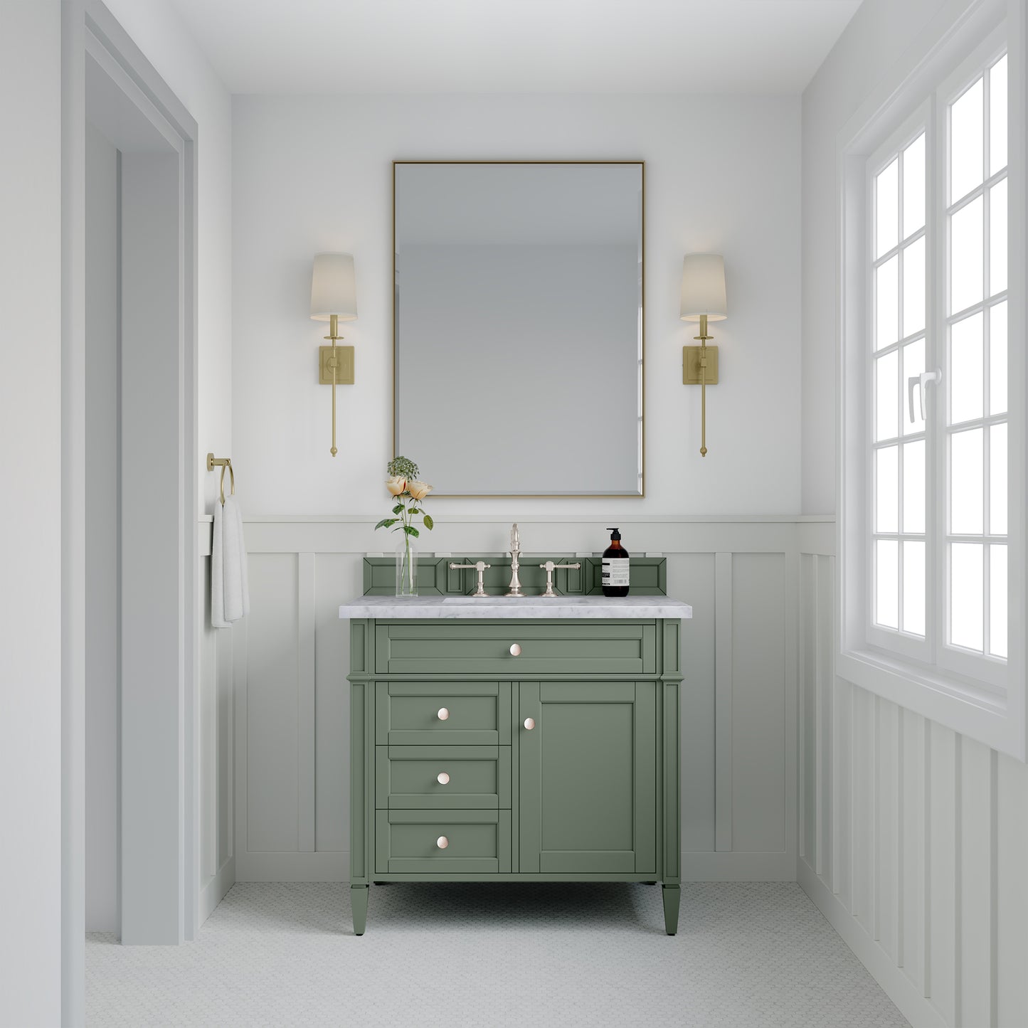 Brittany 36" Single Vanity, Smokey Celadon w/ 3 CM Carrara Marble Top