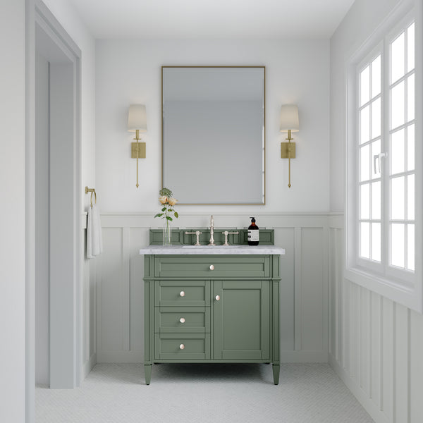 Brittany 36 Single Vanity, Smokey Celadon w/ 3 CM Carrara Marble Top