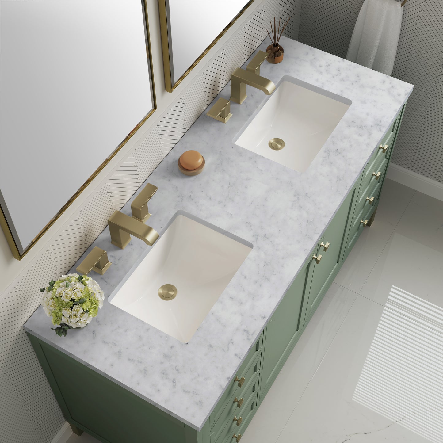 Chicago 60" Double Vanity, Smokey Celadon w/ 3 CM Carrara Marble Top