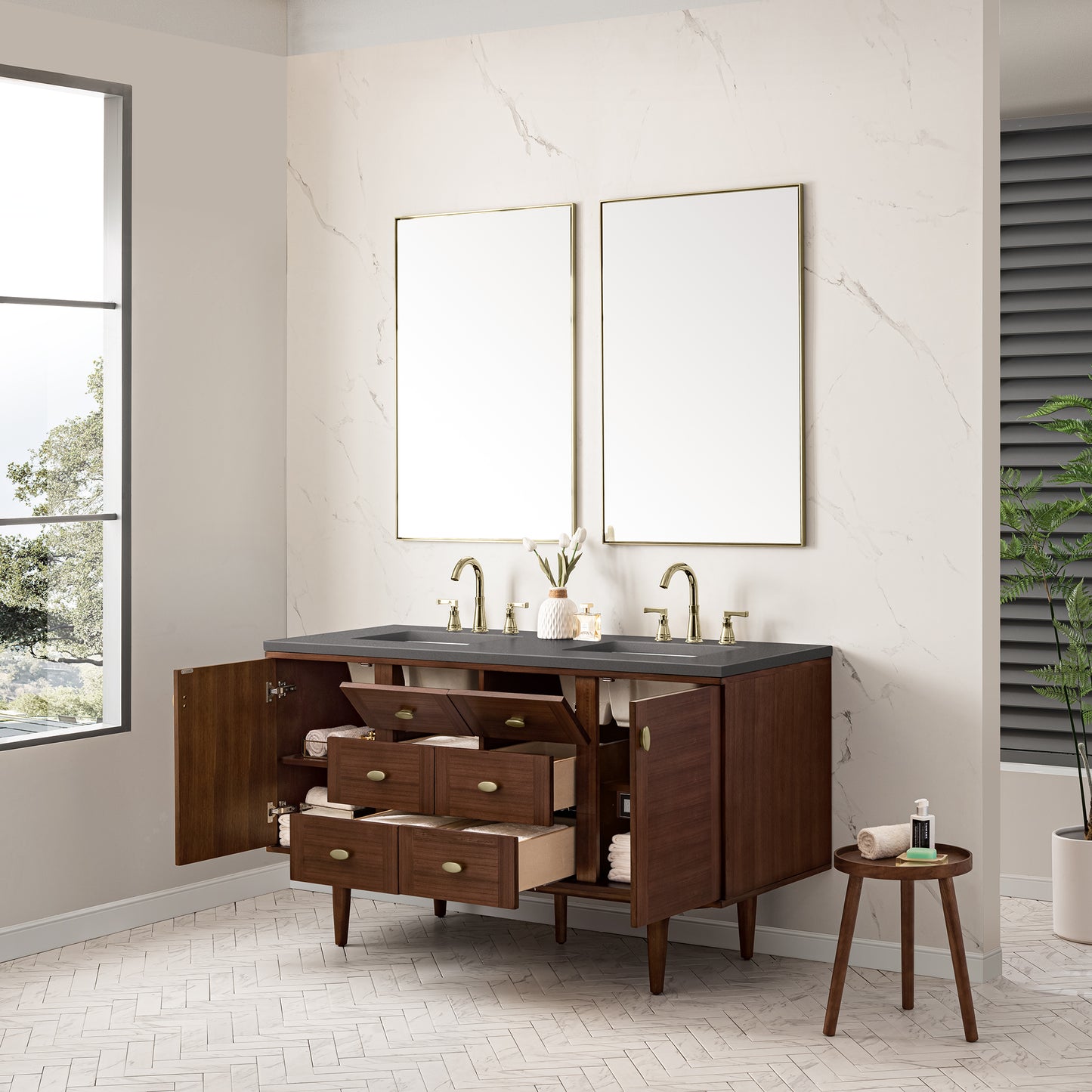 Amberly 60" Double Vanity, Mid-Century Walnut w/ 3 CM Grey Expo Top