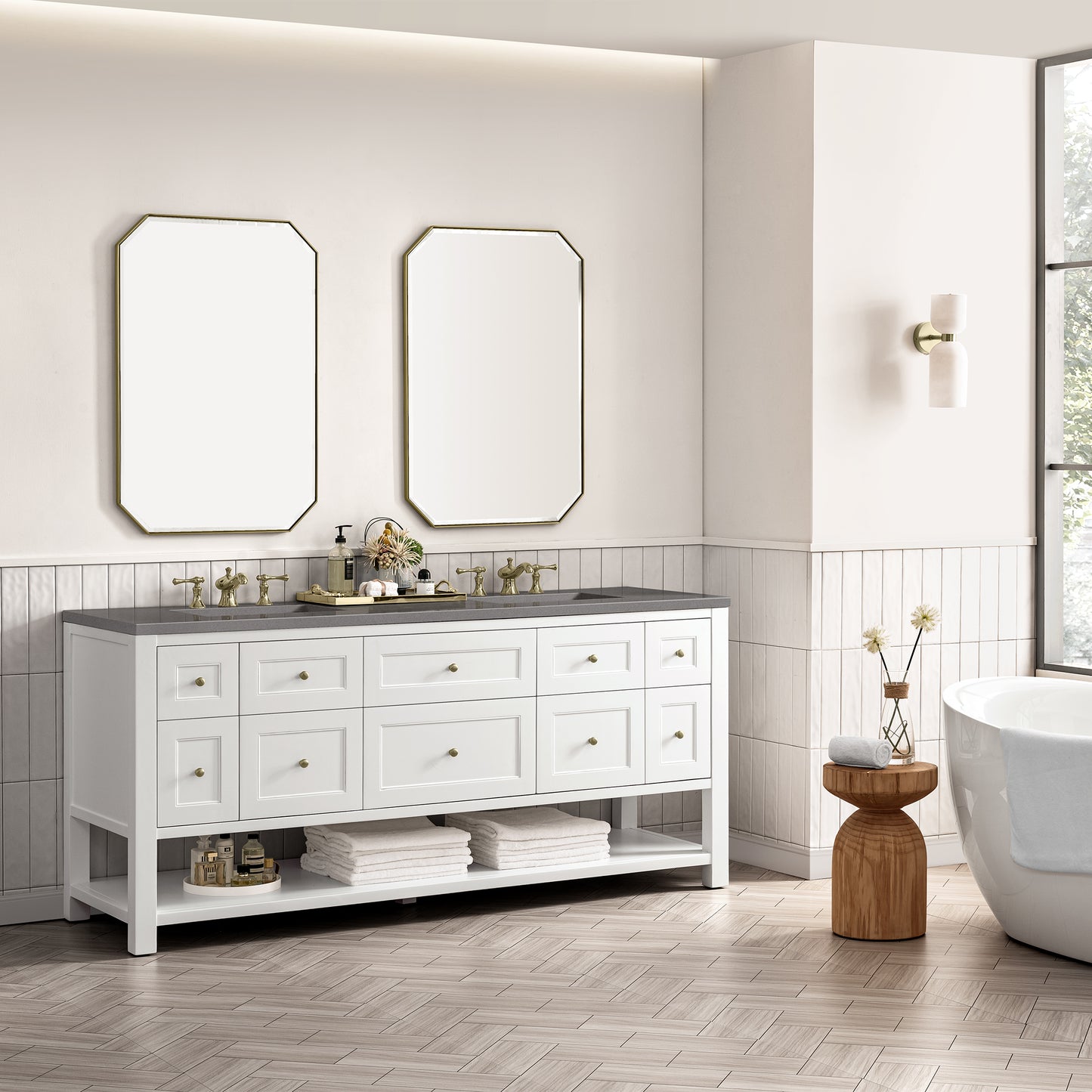 Breckenridge 72" Double Vanity, Bright White w/ 3 CM Grey Expo Top