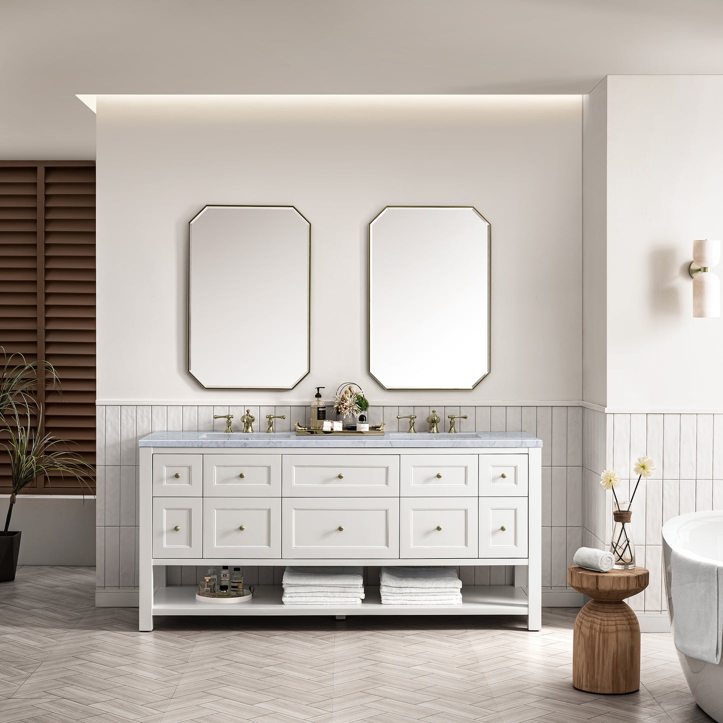 Breckenridge 72" Double Vanity, Bright White w/ 3 CM Carrara Marble Top