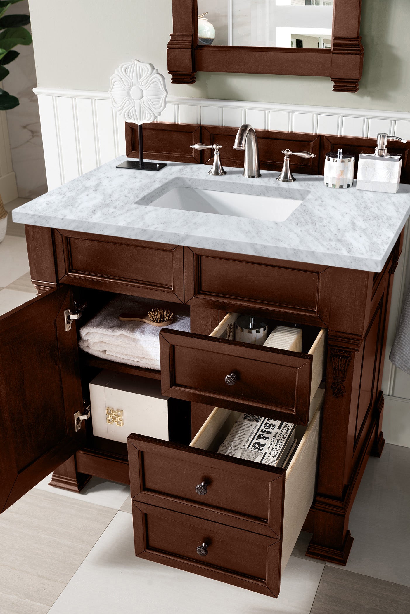 Brookfield 36" Single Vanity, Warm Cherry w/ 3 CM Carrara Marble Top