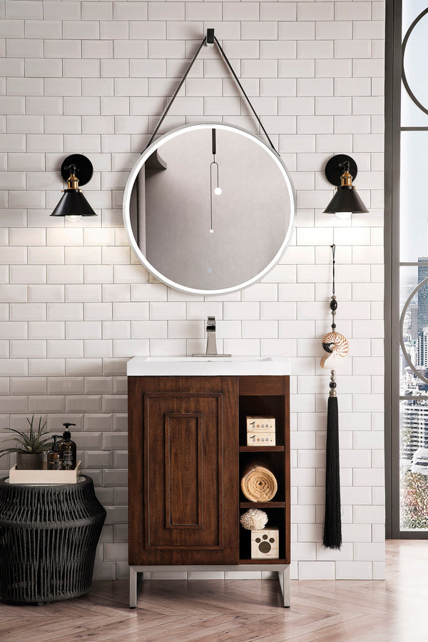 Alicante 24 Single Vanity, Mid-Century Acacia, Brushed Nickel w/ White Glossy Composite Stone Top
