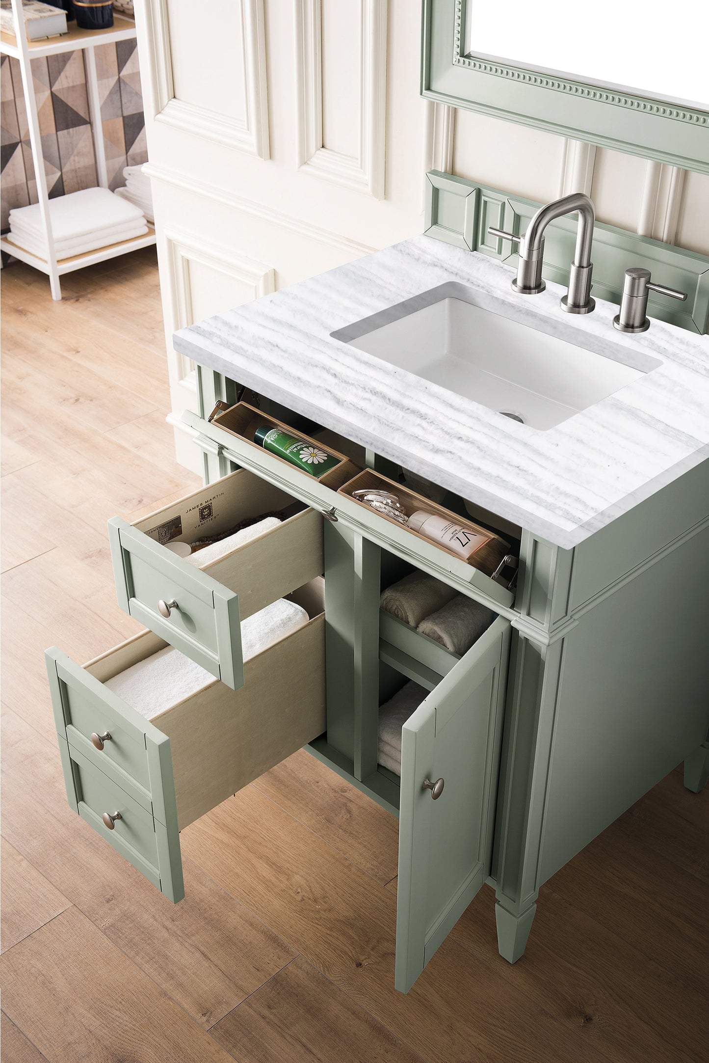 Brittany 30" Single Vanity, Sage Green w/ 3 CM Arctic Fall Solid Surface Top