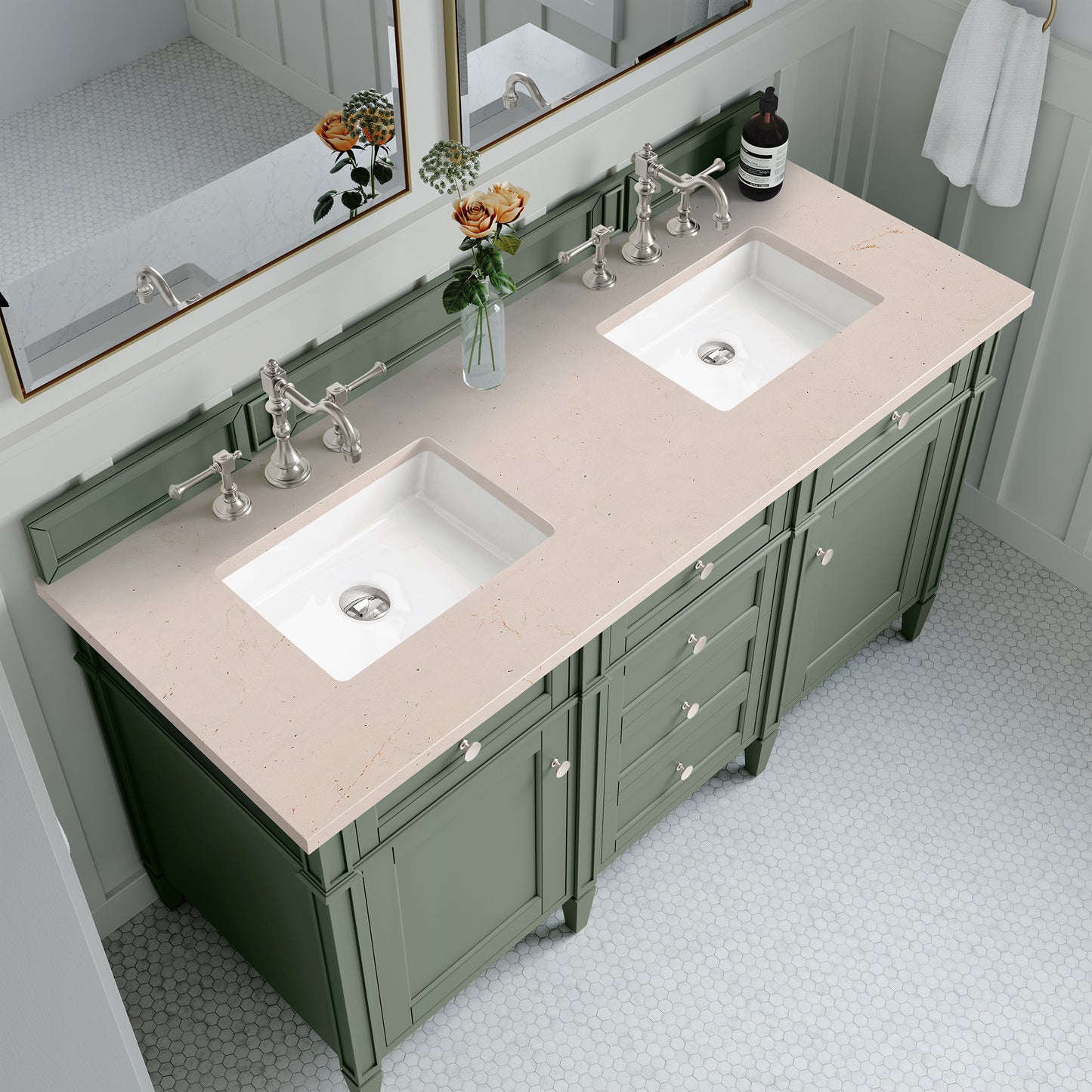 Brittany 60" Double Vanity, Smokey Celadon w/ 3 CM Eternal Marfil Top