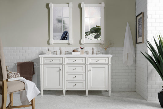 Brittany 60" Double Vanity, Bright White Vanity w/ 3 CM Arctic Fall Solid Surface Top