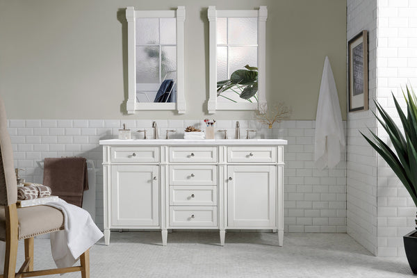 Brittany 60 Double Vanity, Bright White Vanity w/ 3 CM Arctic Fall Solid Surface Top