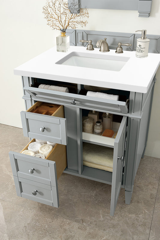 Brittany 30" Single Vanity, Urban Gray, w/ 3 CM White Zeus Quartz Top