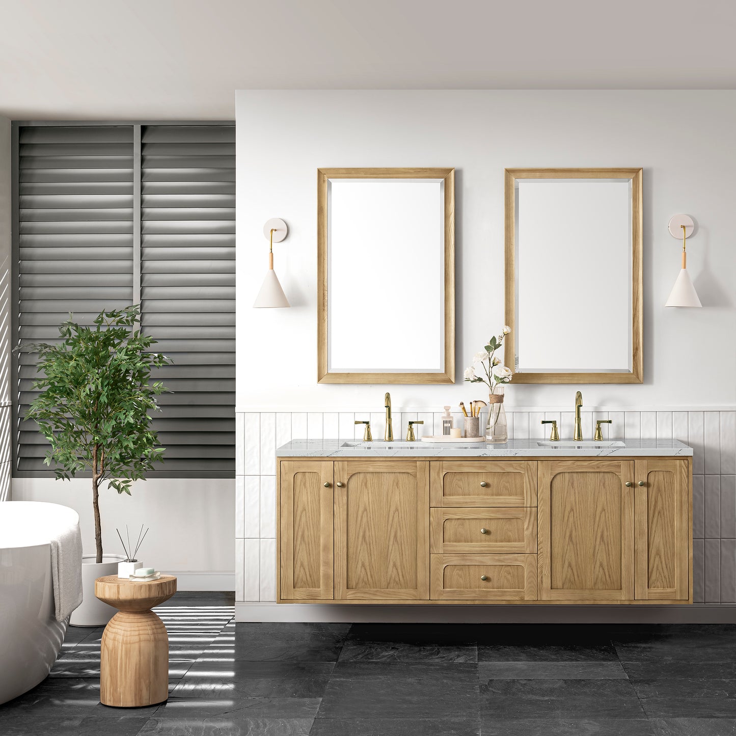 Laurent 72" Double Vanity, Light Natural Oak w/ 3 CM Ethereal Noctis Top