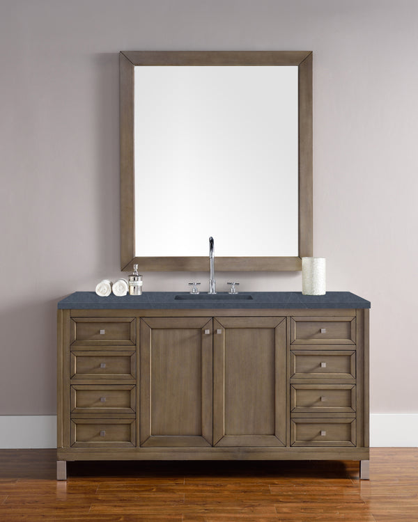 Chicago 60 Single Vanity, Whitewashed Walnut w/ 3 CM Charcoal Soapstone Quartz Top