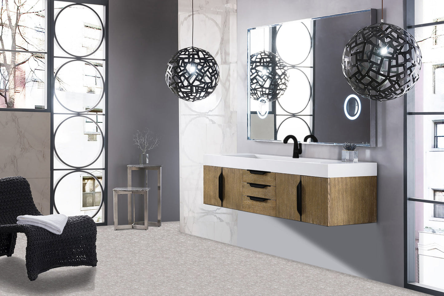 Mercer Island 72" Single Vanity, Latte Oak, Matte Black w/ Glossy White Composite Stone Top