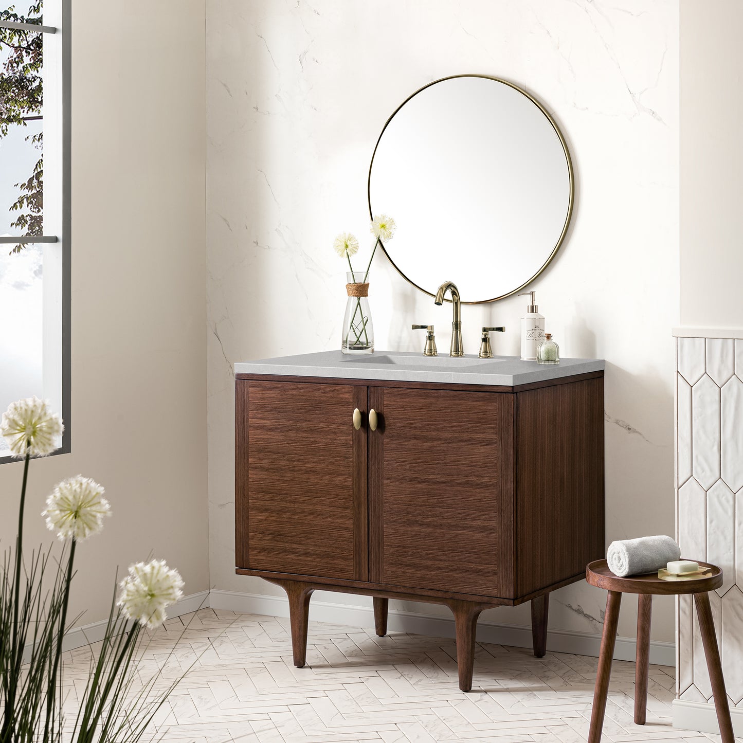 Amberly 36" Single Vanity, Mid-Century Walnut w/ 3 CM Eternal Serena Top