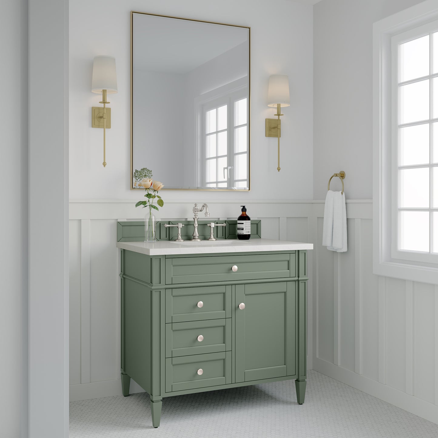 Brittany 36" Single Vanity, Smokey Celadon w/ 3 CM White Zeus Top