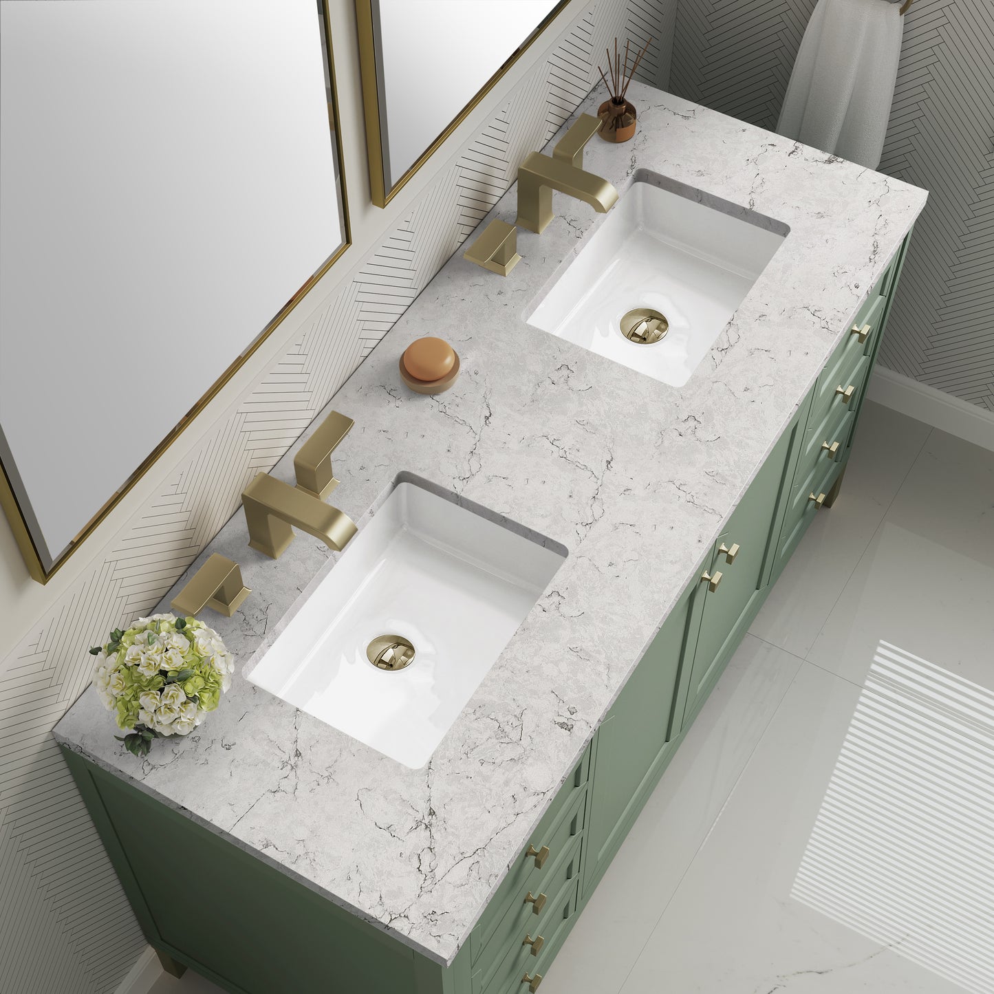 Chicago 60" Double Vanity, Smokey Celadon w/ 3 CM Eternal Jasmine Pearl Top