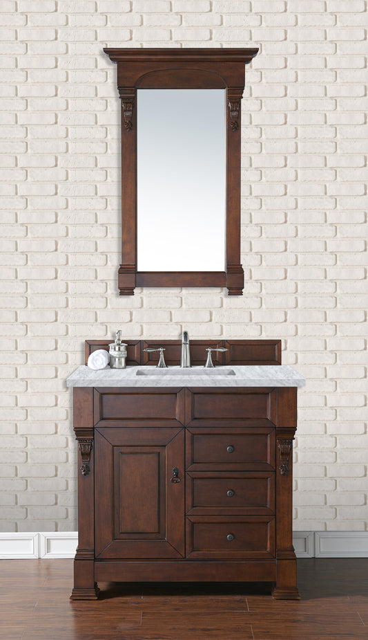 Brookfield 36" Single Vanity, Warm Cherry w/ 3 CM Carrara Marble Top