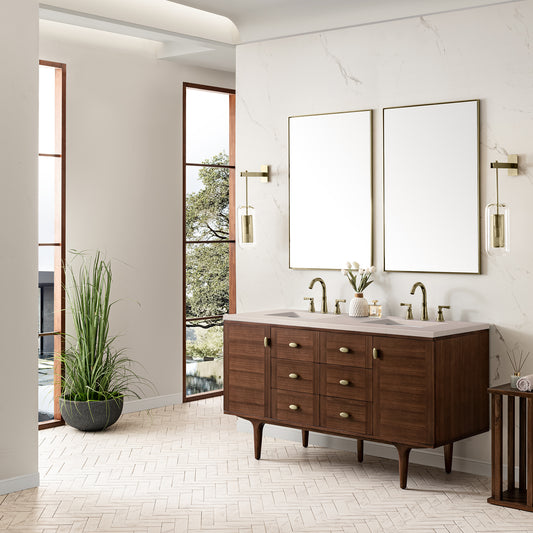 Amberly 60" Double Vanity, Mid-Century Walnut w/ 3 CM Eternal Marfil Top