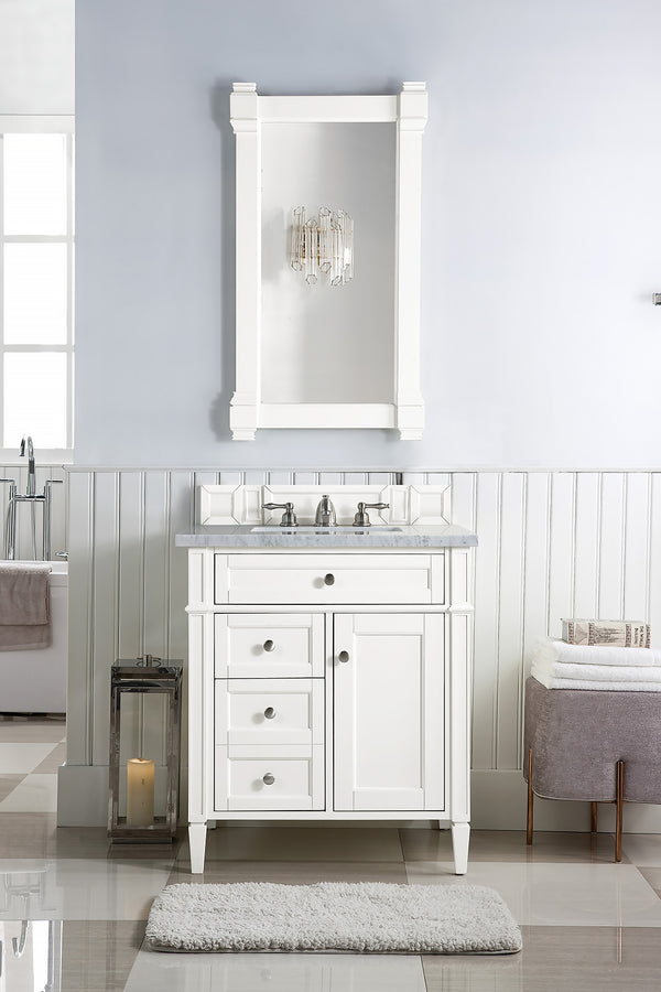 Brittany 30 Single Vanity, Bright White w/ 3 CM Carrara Marble Top