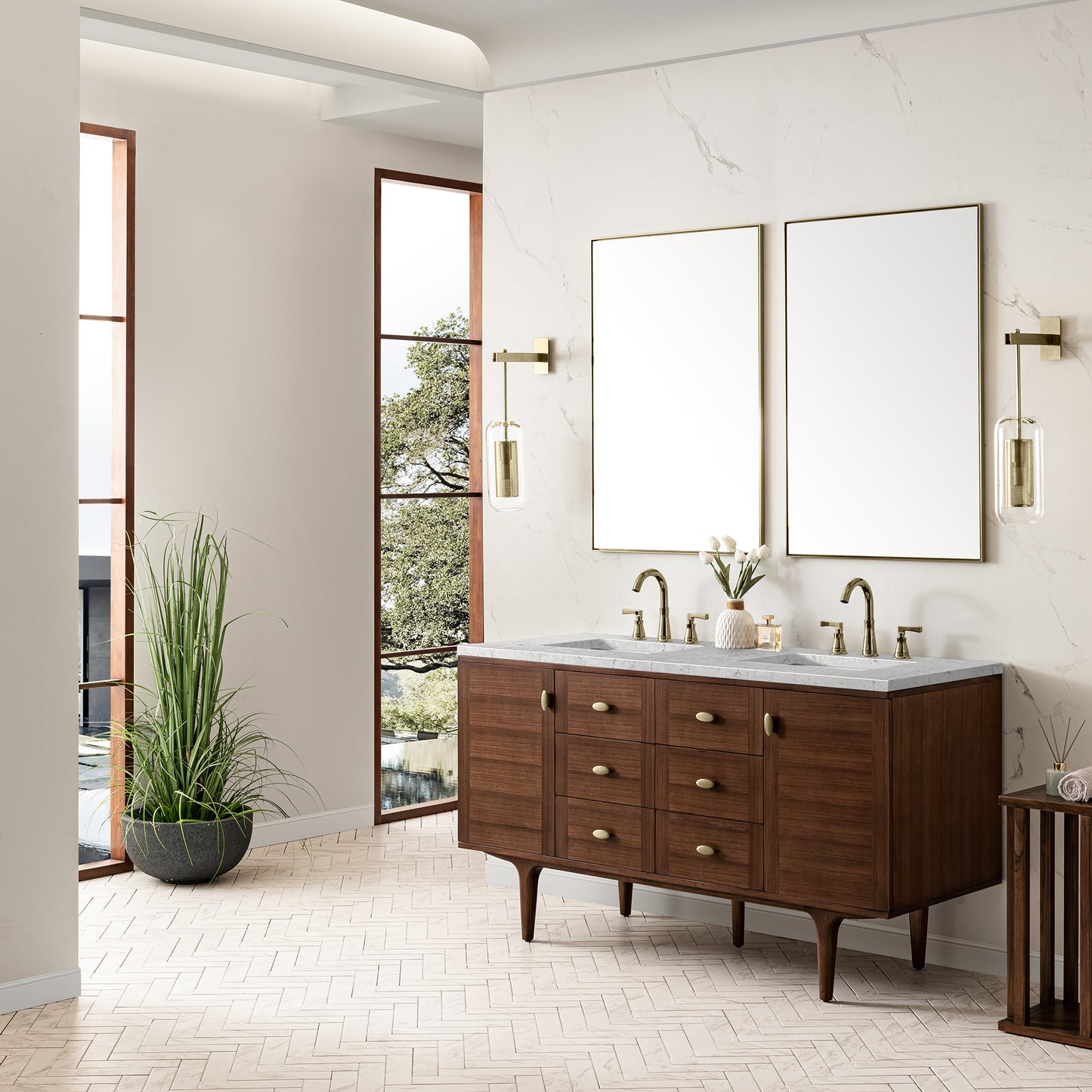 Amberly 60" Double Vanity, Mid-Century Walnut w/ 3 CM Eternal Jasmine Pearl Top