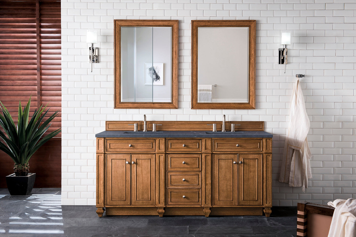 Bristol 72" Double Vanity, Saddle Brown w/ 3 CM Charcoal Soapstone Quartz Top