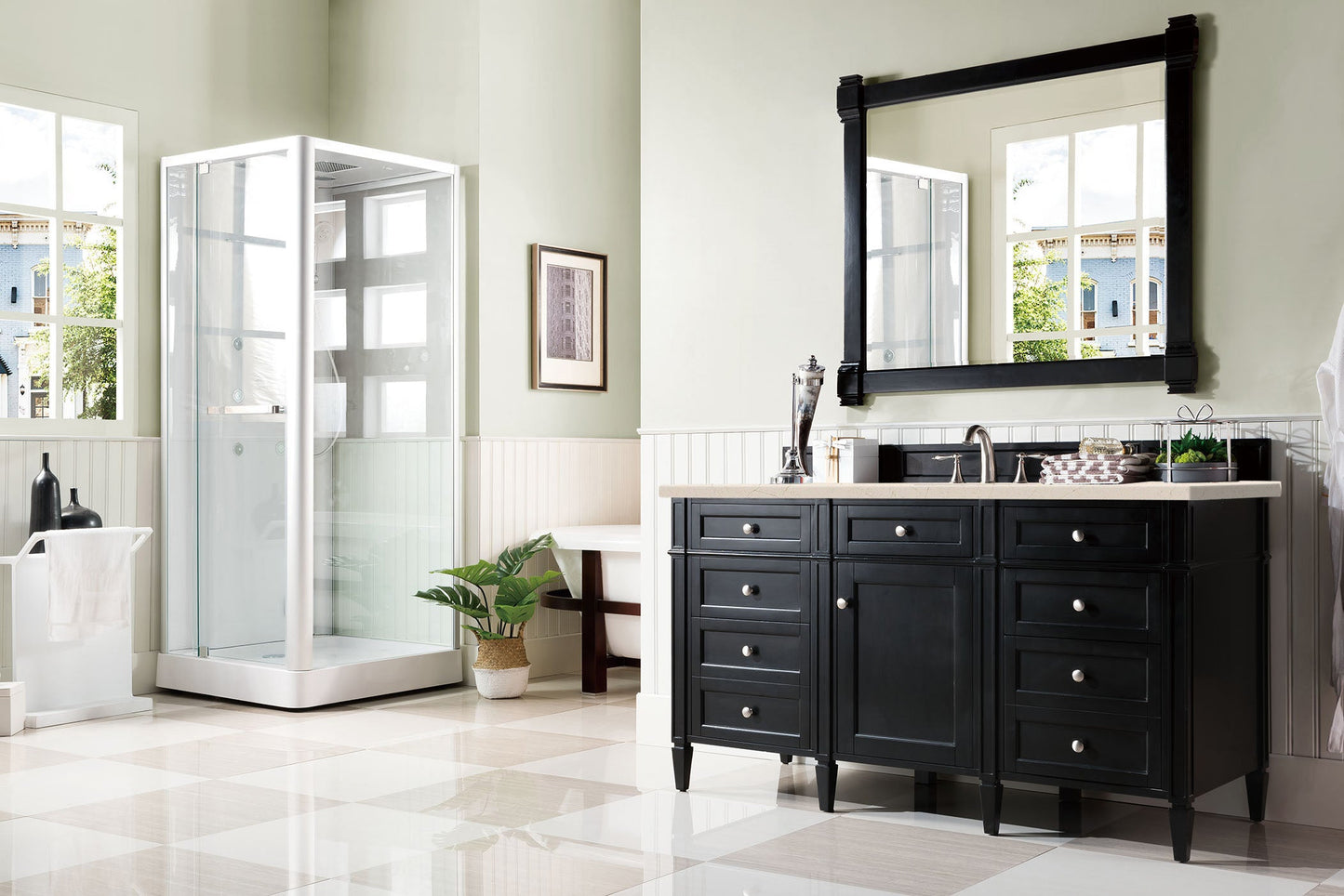 Brittany 60" Single Vanity, Black Onyx, w/ 3 CM Eternal Marfil Quartz Top