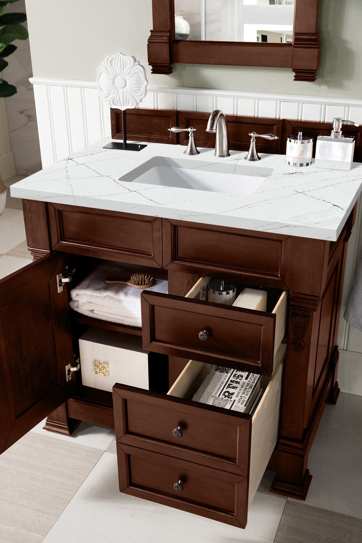 Brookfield 36" Single Vanity, Warm Cherry w/ 3 CM Ethereal Noctis Quartz Top