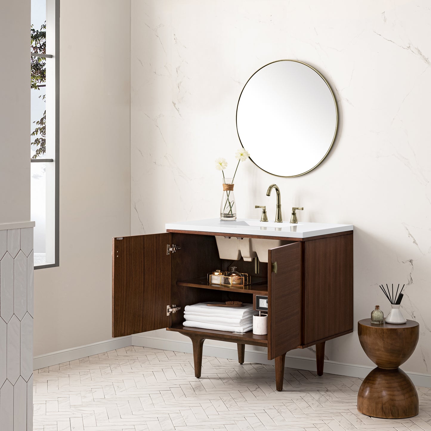 Amberly 36" Single Vanity, Mid-Century Walnut w/ 3 CM White Zeus Top