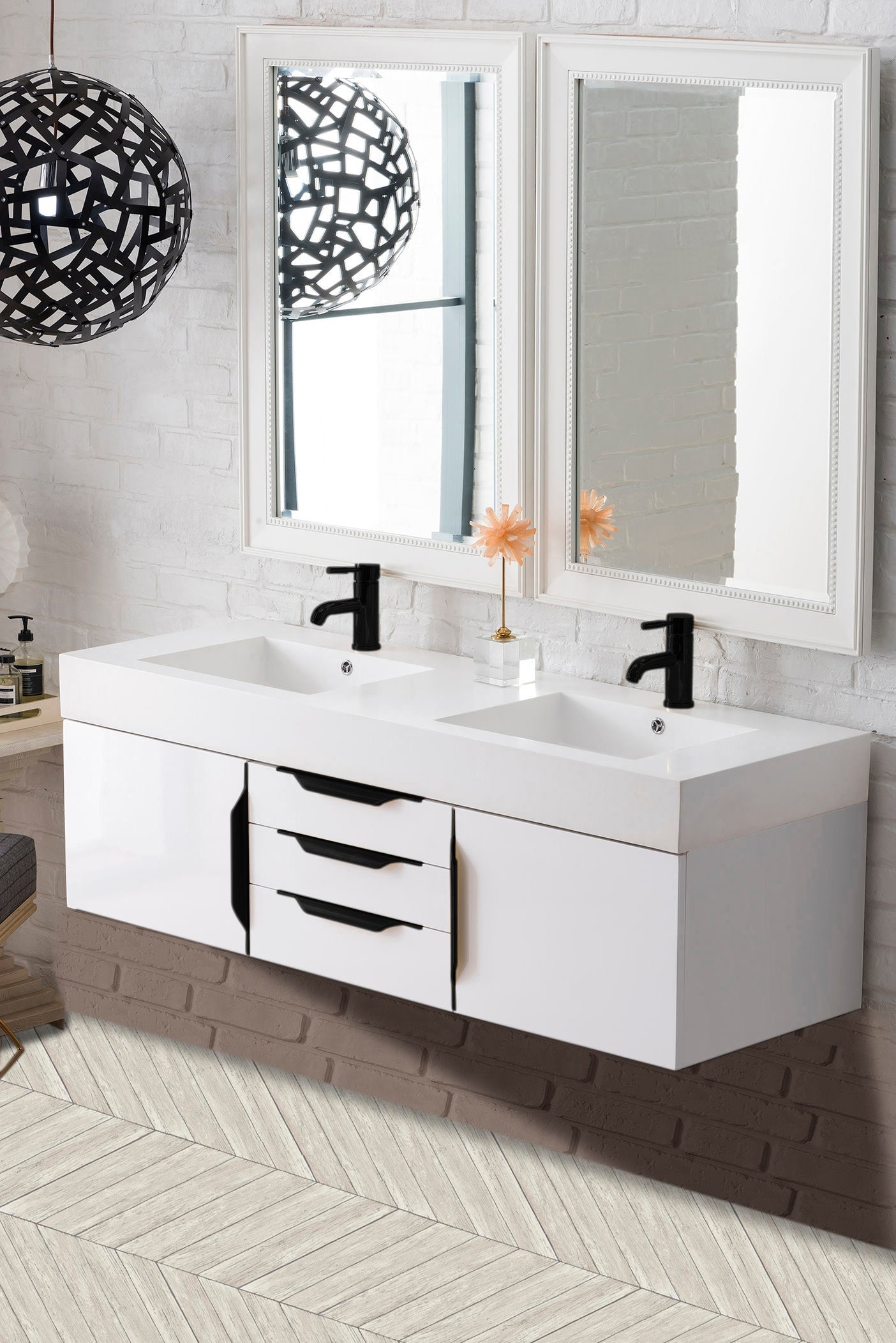 Mercer Island 59" Double Vanity, Glossy White, Matte Black w/ Glossy White Composite Stone Top