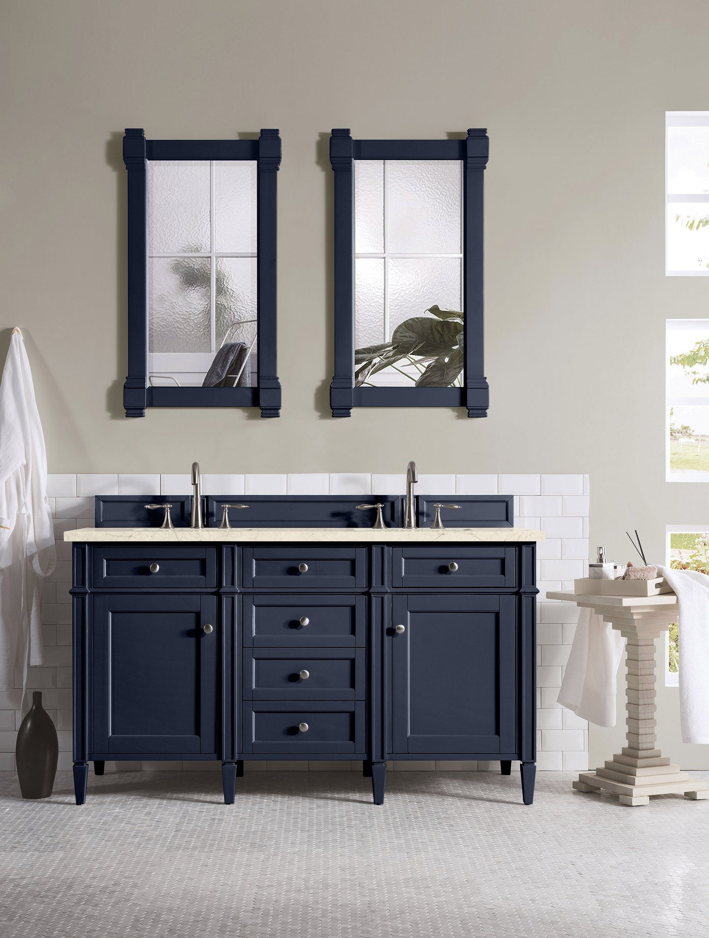 Brittany 60" Double Vanity, Victory Blue w/ 3 CM Eternal Marfil Quartz Top