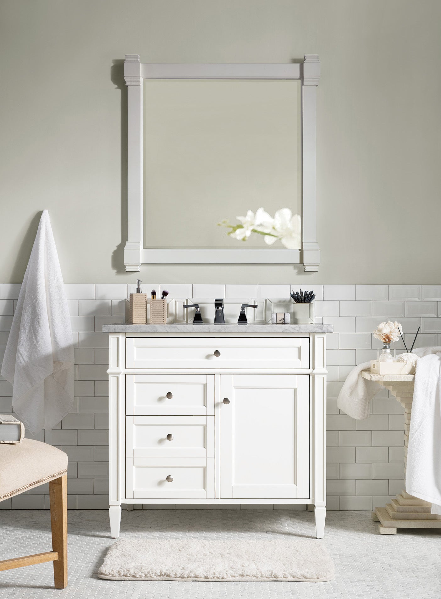 Brittany 36" Single Vanity, Bright White w/ 3 CM Carrara Marble Top