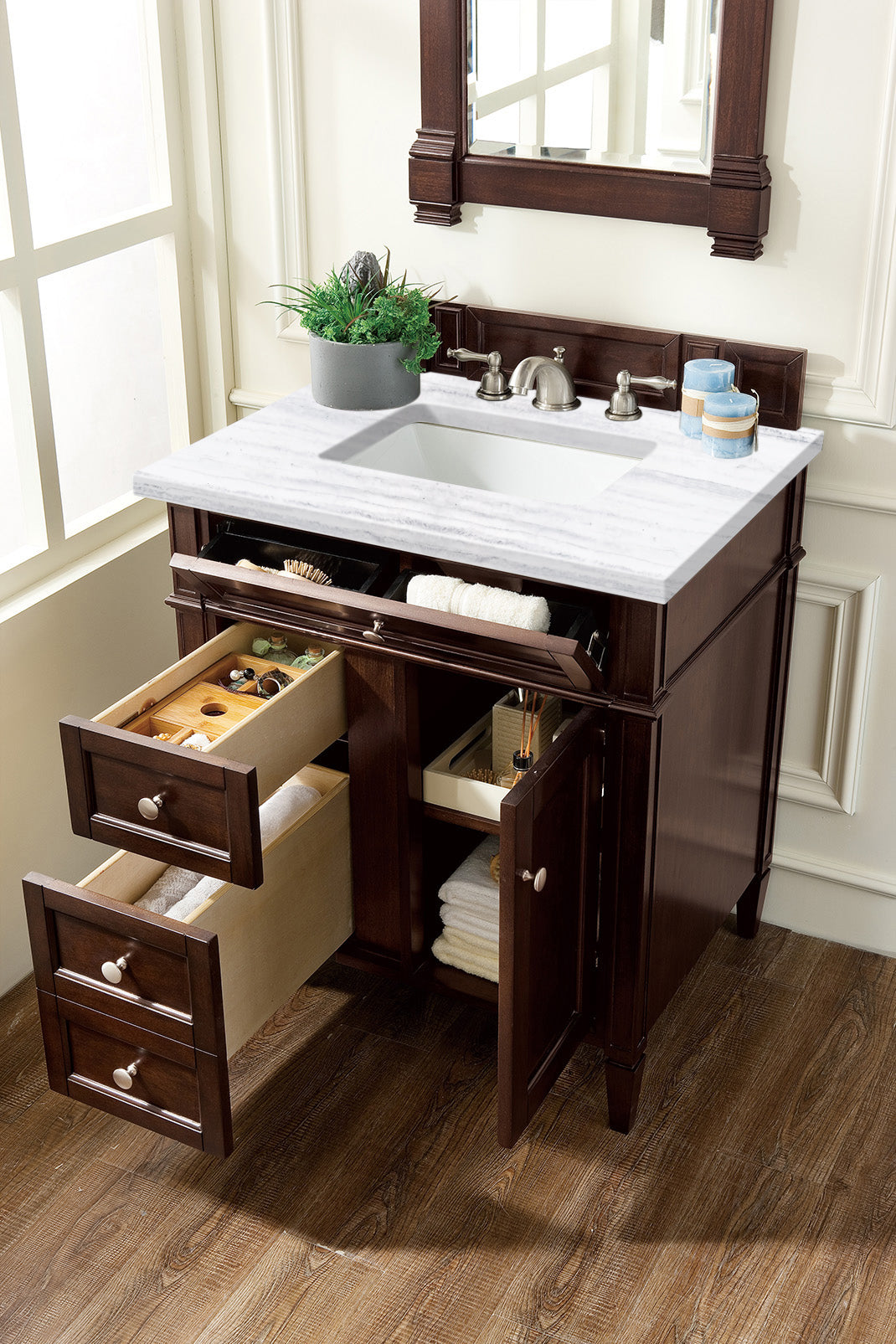 Brittany 30" Single Vanity, Burnished Mahogany w/ 3 CM Arctic Fall Solid Surface Top