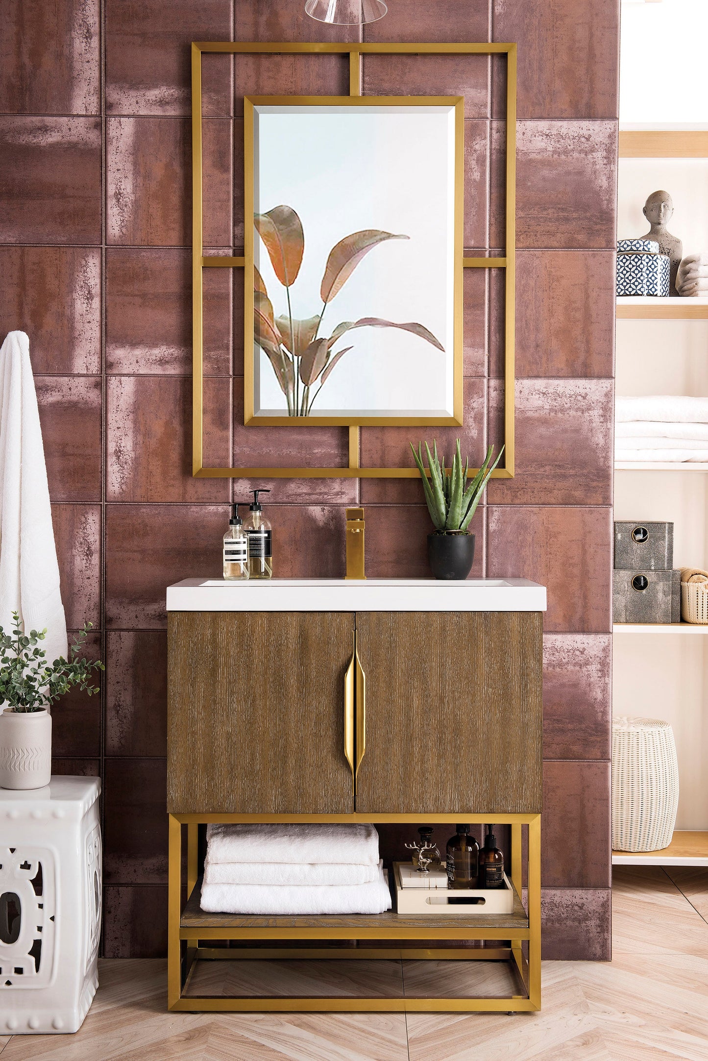 Columbia 31.5" Single Vanity, Latte Oak, Radiant Gold, w/ White Glossy Composite Stone Top