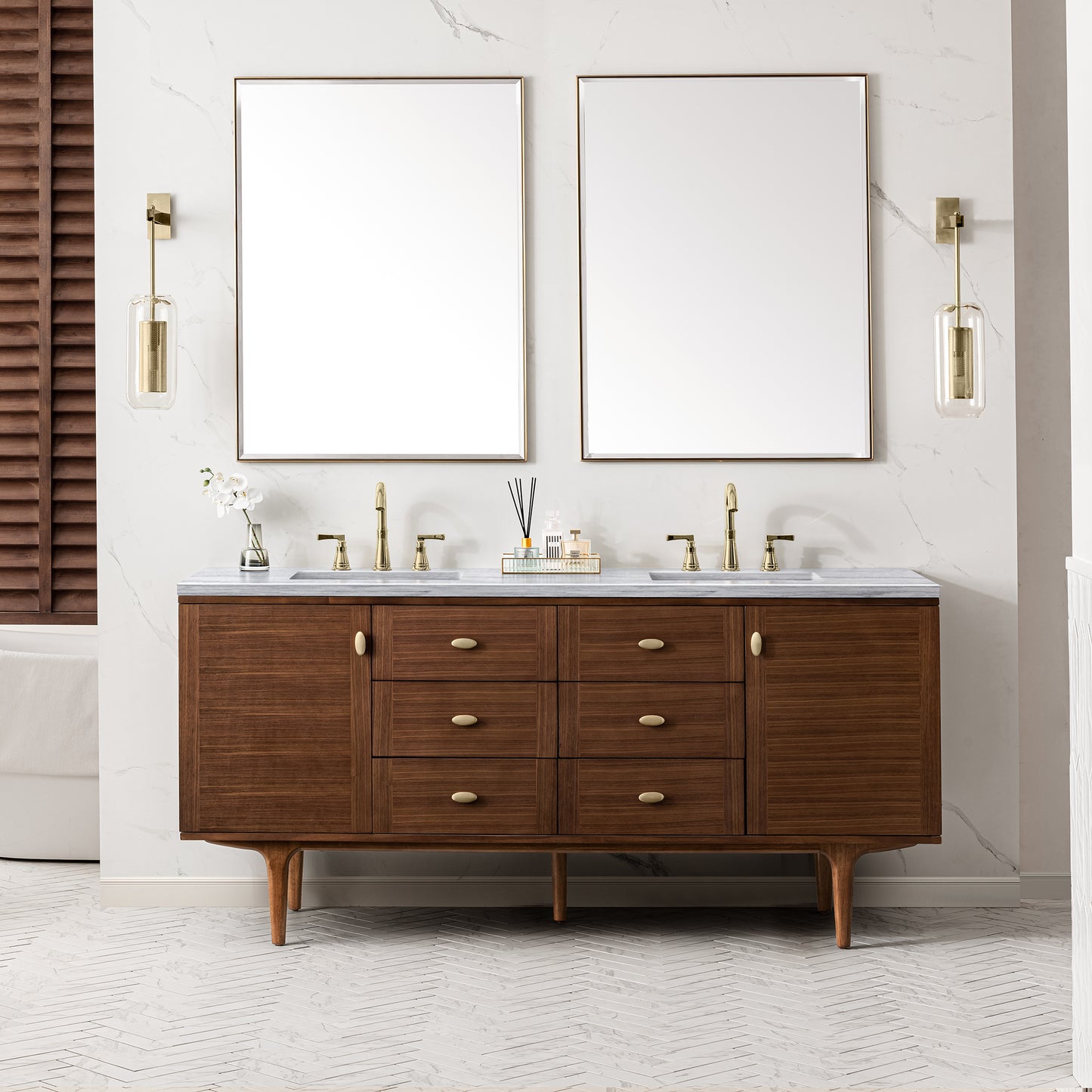 Amberly 72" Double Vanity, Mid-Century Walnut w/ 3 CM Arctic Fall Top