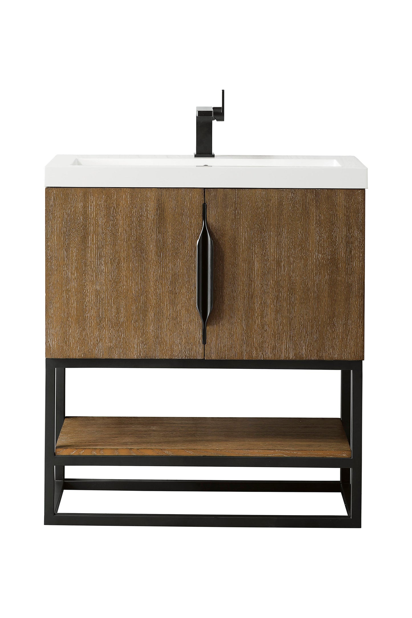 Columbia 31.5" Single Vanity, Latte Oak, Matte Black, w/ White Glossy Composite Stone Top