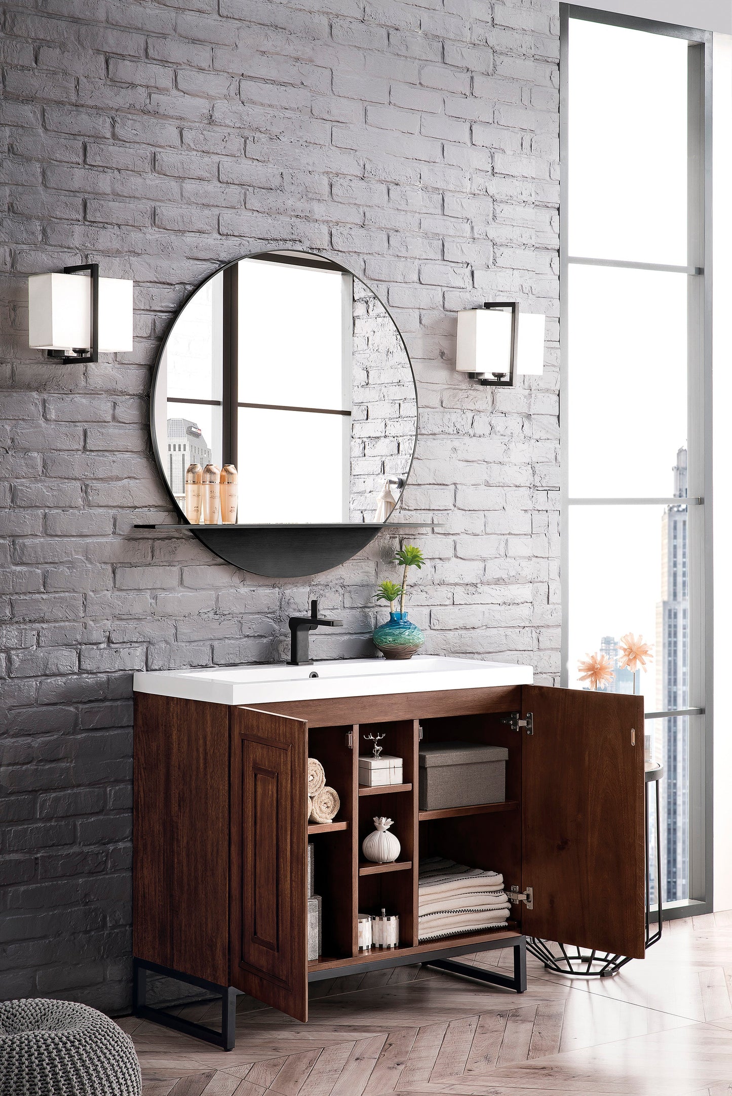 Alicante 39.5" Single Vanity, Mid-Century Acacia, Matte Black w/ White Glossy Composite Stone Top