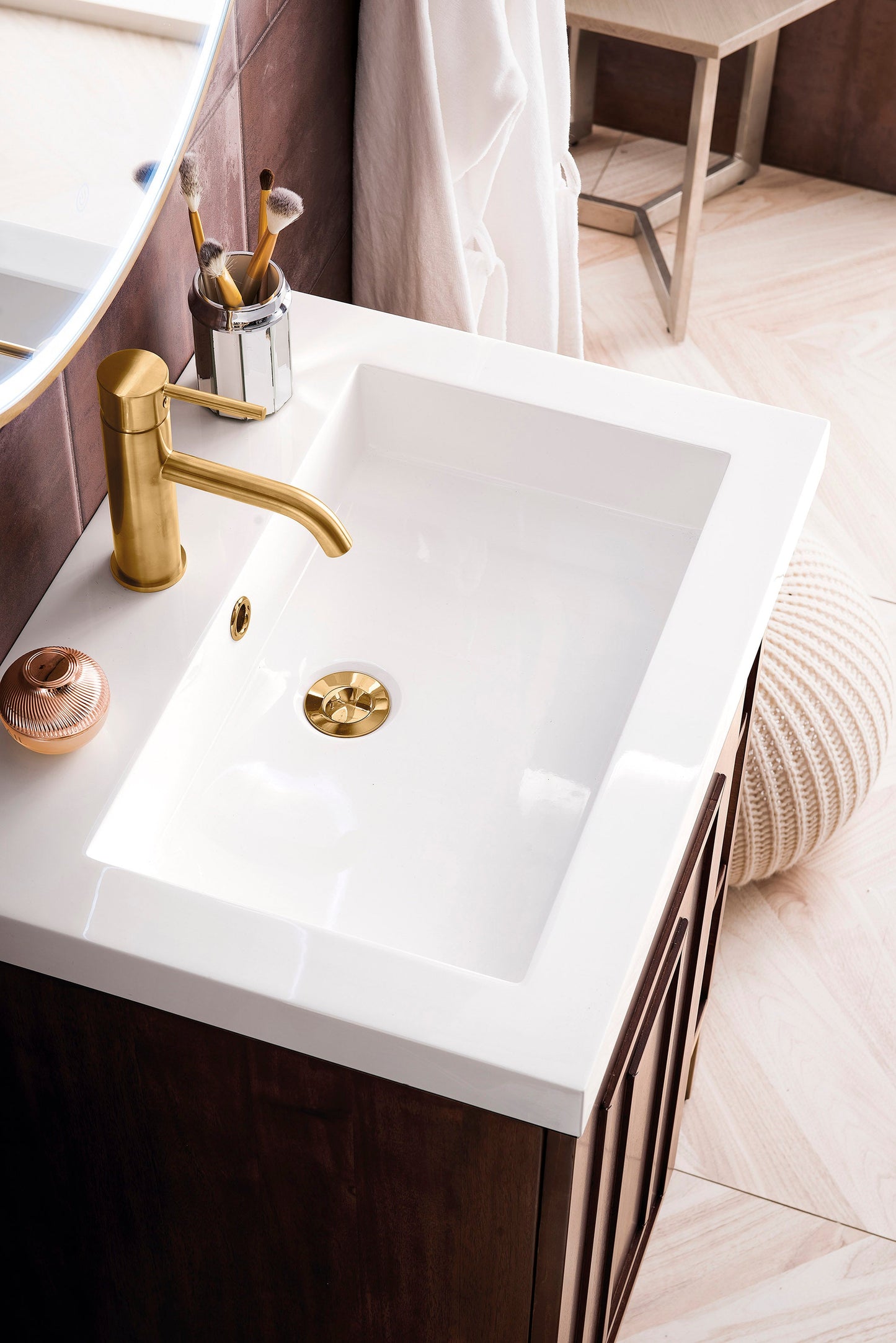 Alicante 24" Single Vanity, Mid-Century Acacia, Radiant Gold w/ White Glossy Composite Stone Top