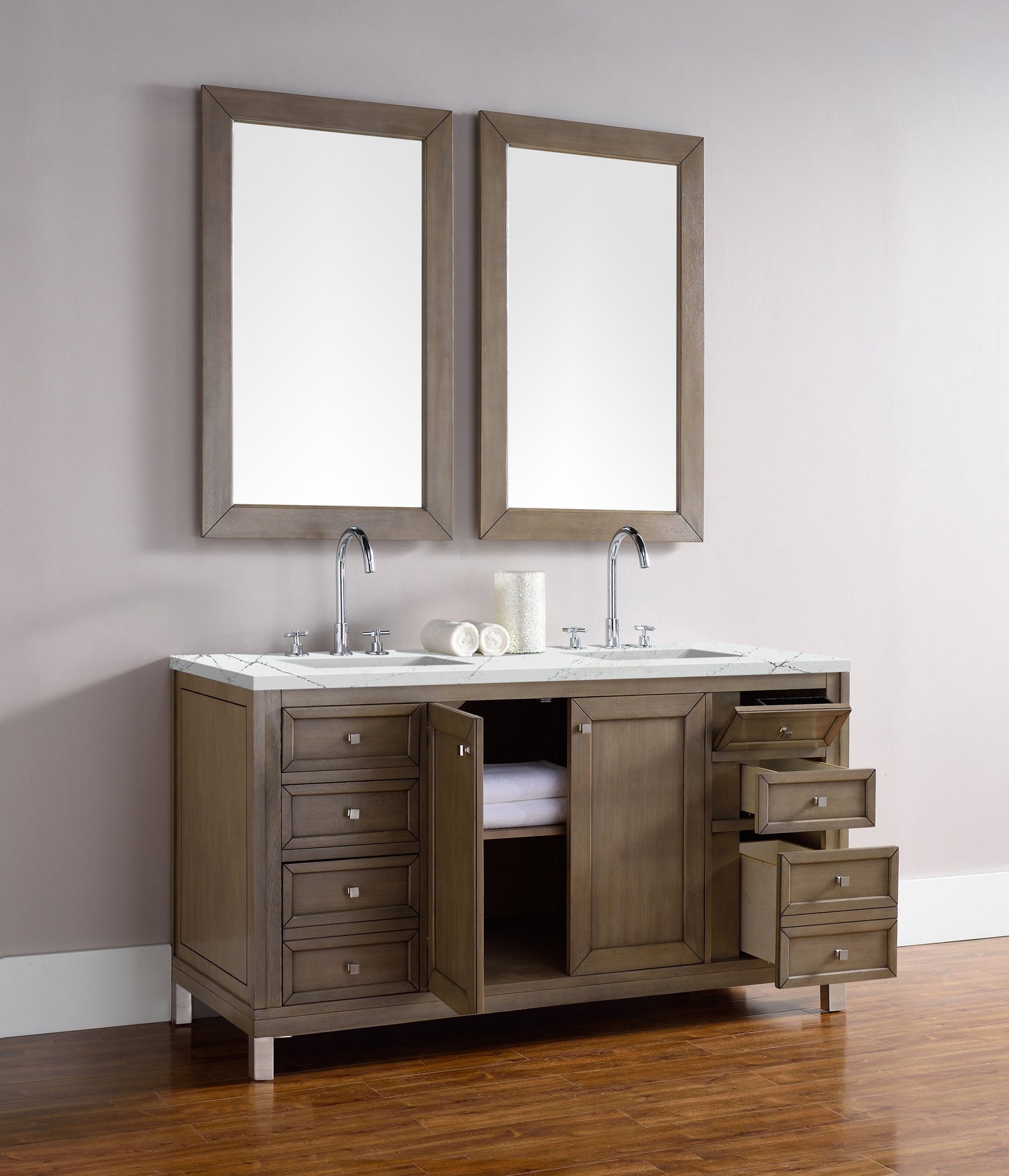 Chicago 60" Double Vanity, Whitewashed Walnut w/ 3 CM Ethereal Noctis Quartz Top