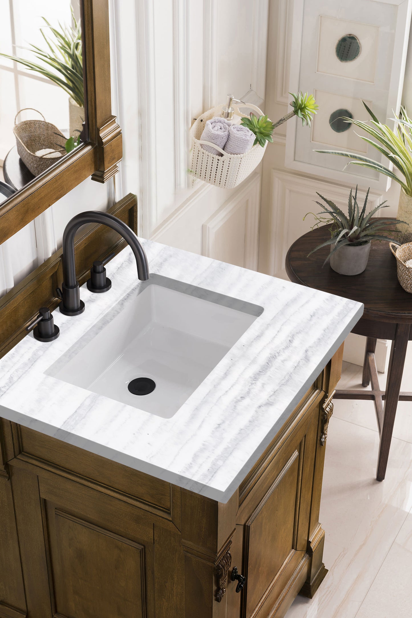 Brookfield 26" Single Vanity, Country Oak w/ 3 CM Arctic Fall Solid Surface Top