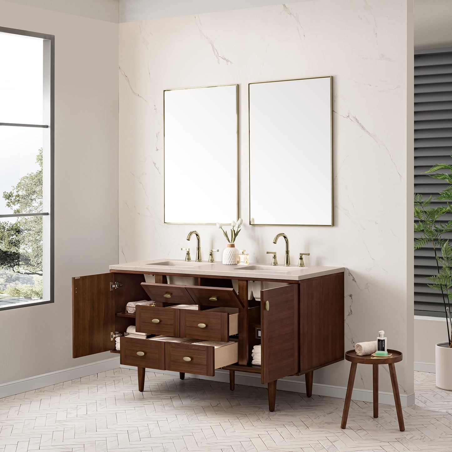 Amberly 60" Double Vanity, Mid-Century Walnut w/ 3 CM Eternal Marfil Top