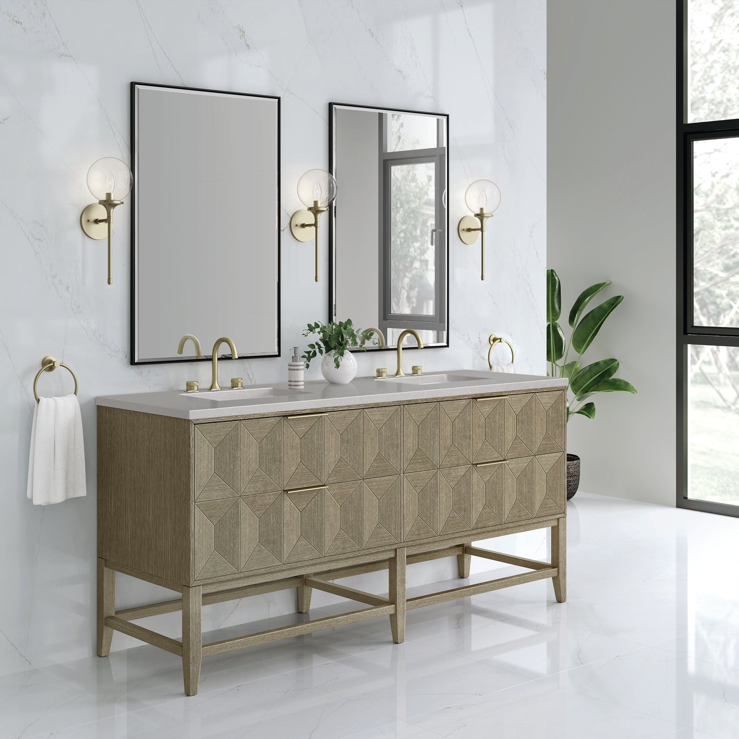 Emmeline 72" Double Vanity, Pebble Oak w/ 3 CM Eternal Serena Top