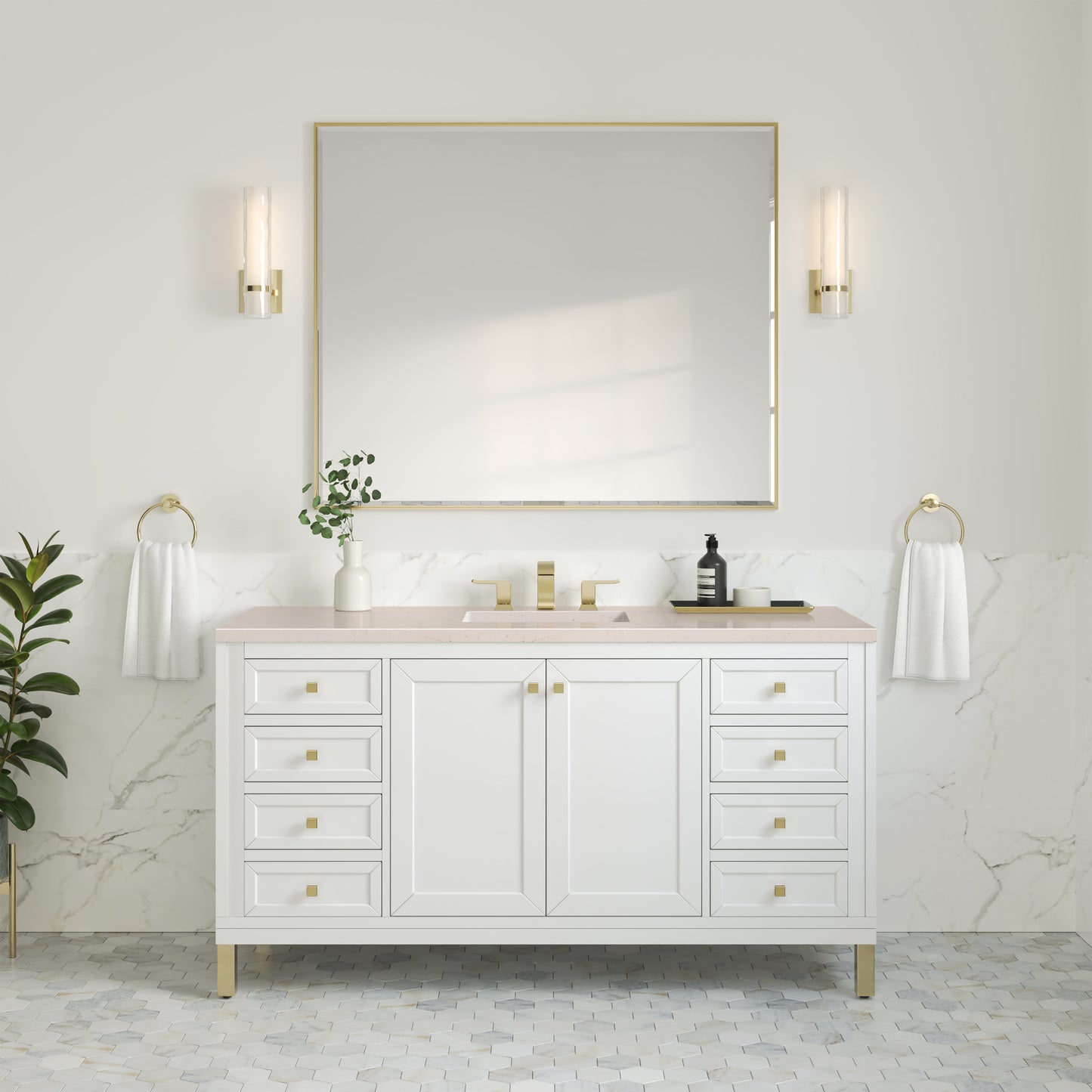 Chicago 60" Single Vanity, Glossy White w/ 3 CM Eternal Marfil Top