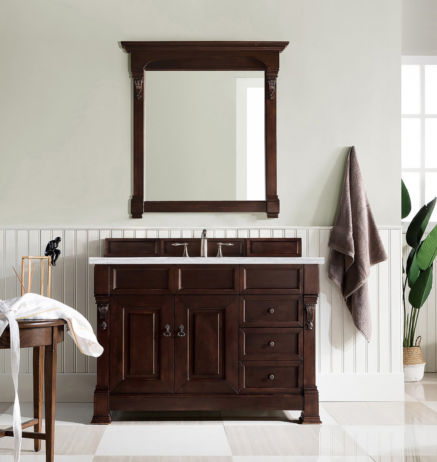 Brookfield 48" Single Vanity, Burnished Mahogany w/ 3 CM Arctic Fall Solid Surface Top