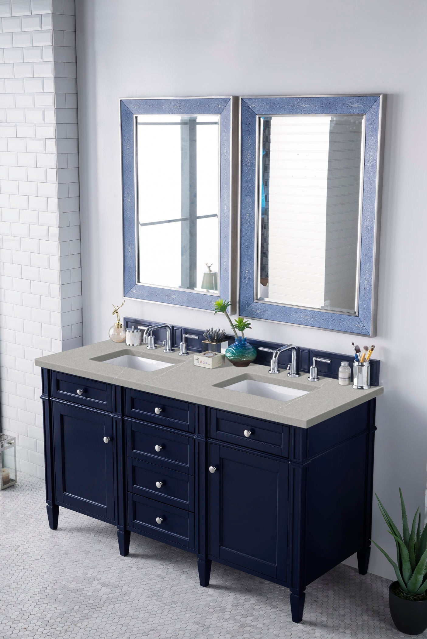 Brittany 60" Double Vanity, Victory Blue w/ 3 CM Eternal Serena Quartz Top