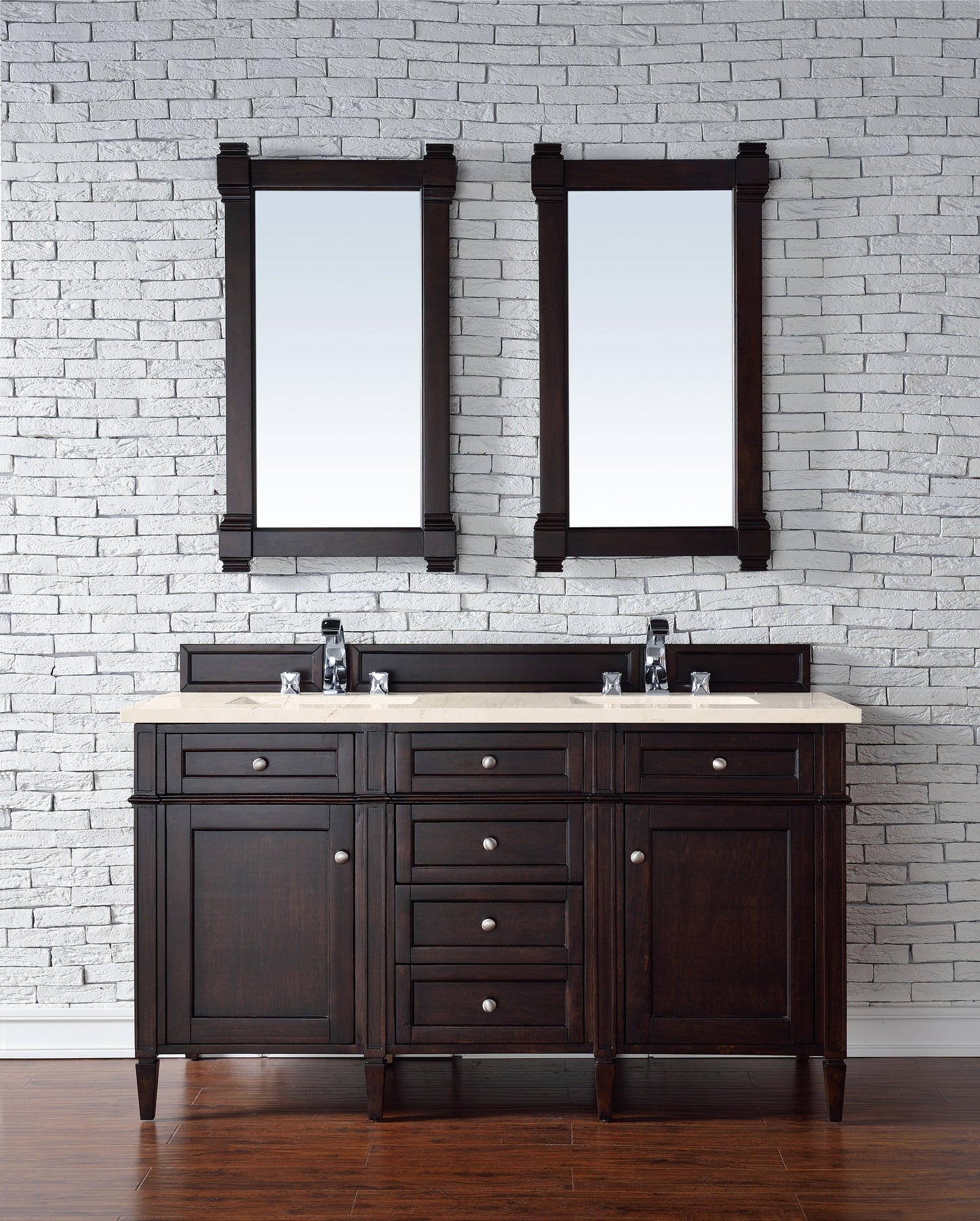 Brittany 60" Double Vanity, Burnished Mahogany w/ 3 CM Eternal Marfil Quartz Top