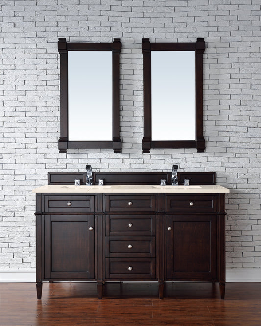 Brittany 60" Double Vanity, Burnished Mahogany w/ 3 CM Eternal Marfil Quartz Top